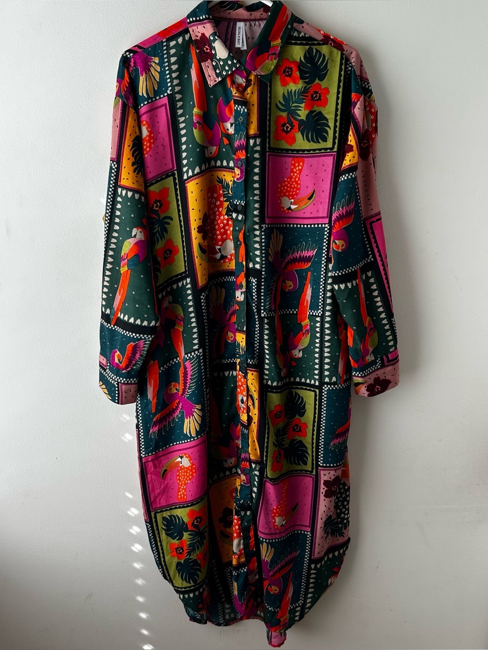 Boho Tropical Resort Live 4 Truth Midi Shirt Dress Floral Square Patchwork L
